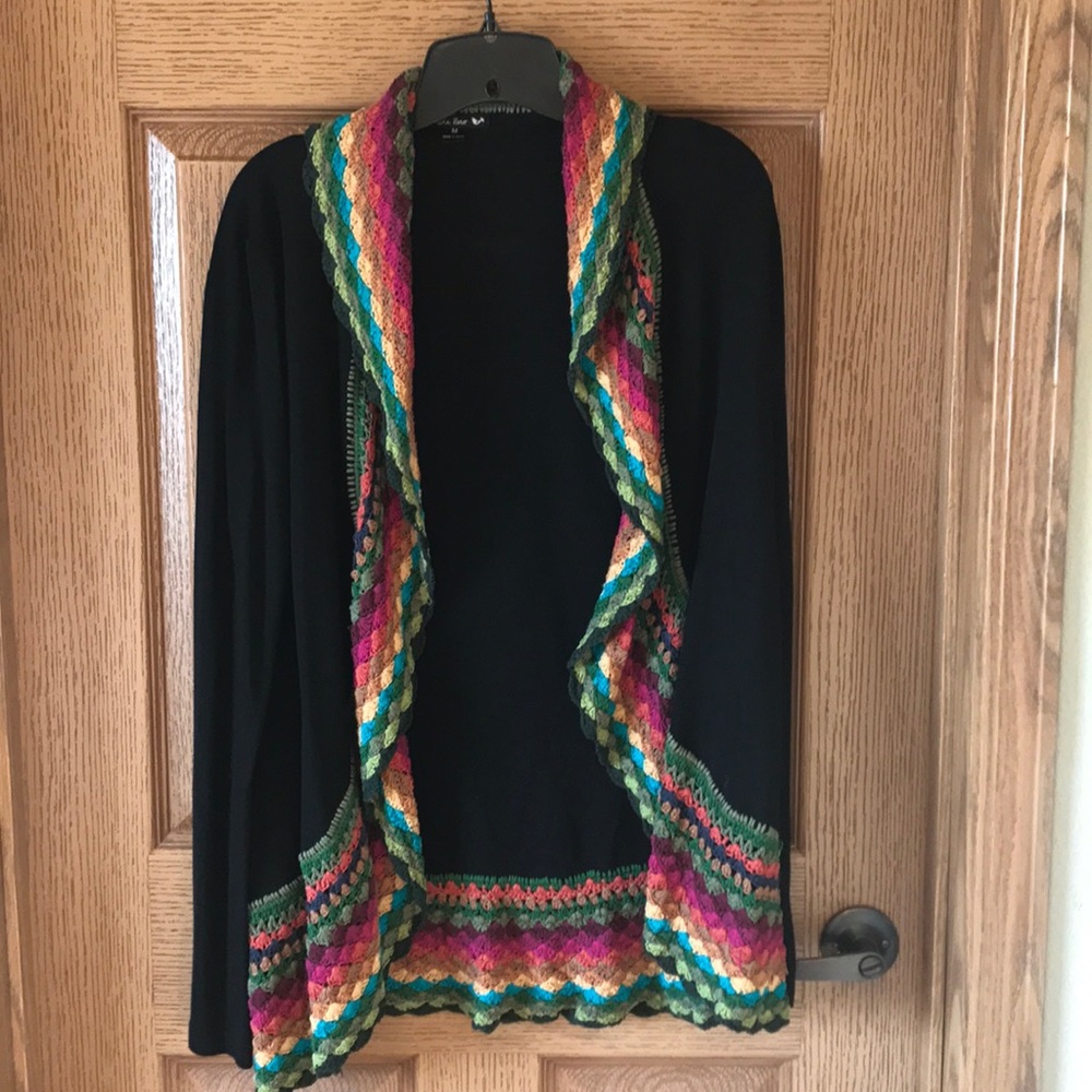 Black, multi-color cardigan. Size medium